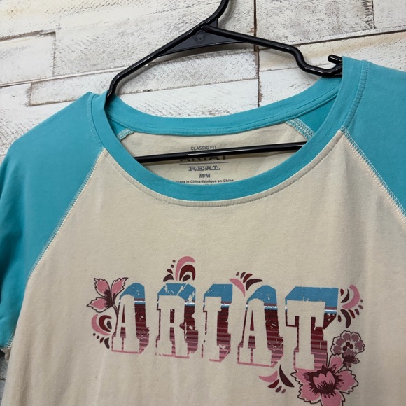 Ariat cream and blue raglan tee baseball shirt soft cotton — MEDIUM womens - Picture 2 of 2